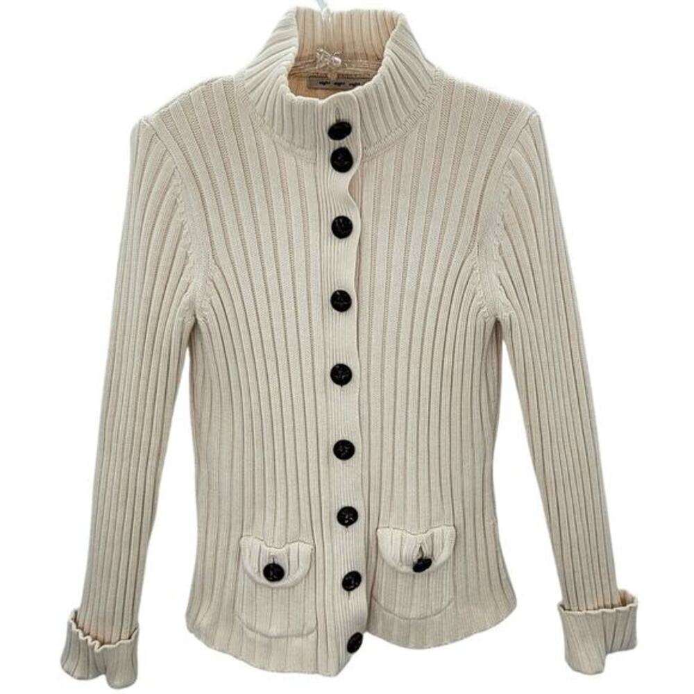 Eight Eight Eight Off White Rib Knit‎ Button Down Academia Cardigan Sweater